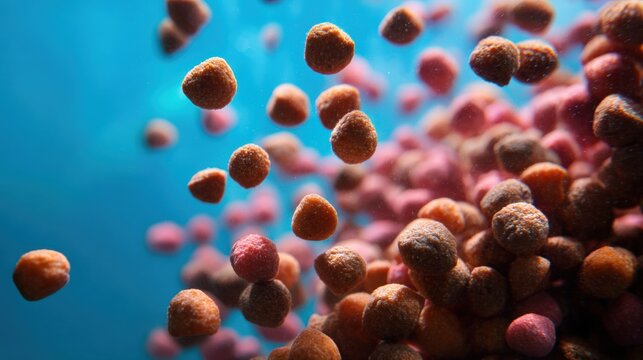 Group of small, round, orange-colored objects floating in the air against a blue background. the objects appear to be small, cylindrical in shape and have a smooth texture.