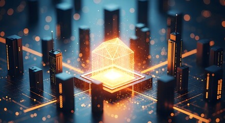 Futuristic digital cityscape with glowing circuitry and central data hub representing technology and innovation