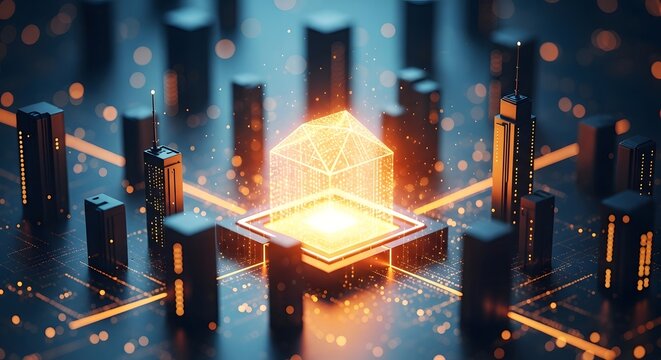 Futuristic digital cityscape with glowing circuitry and central data hub representing technology and innovation