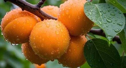 Fresh apricots on the branch glistening with raindrops in a summer fruit garden