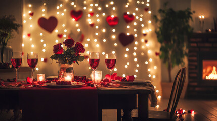 Romantic dinner table with candlelight and wine, floral centerpiece, festive ambiance, evening setting, perfect for Valentine's Day or special occasions, Proposal, romantic date, surprise  