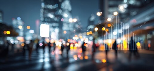 Blurred street scene with people crossing under streetlights, with overlaid business trend chart
