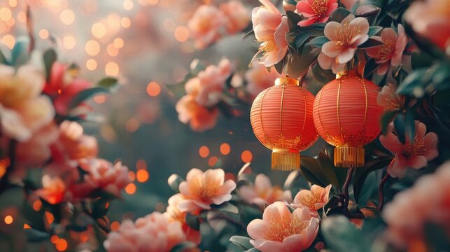 Red lanterns hanging amidst blooming flowers, evening garden setting, festive decoration background.Red Chinese lanterns hanging among cherry blossoms,festival decoration, traditional Asian culture