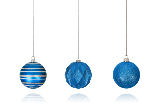 Set of Christmas decorations in form of striped blue ball on string, shiny ball and ball with geometric pattern isolated on transparent background with clipping path. Design element for Christmas card