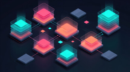 complex digital network or blockchain ledger, featuring interconnected, glowing cubes representing data storage, servers, decentralized ledger nodes. Perfect for technology, finance, security concepts