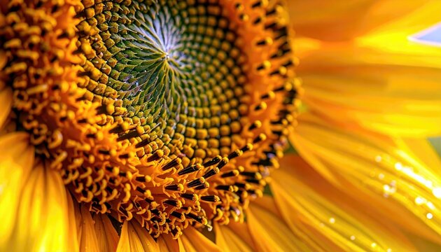 A detailed macro shot of the center of a sunflower, showing its intricate seed pattern and bright yellow petals, some with water droplets. - Powered by Adobe