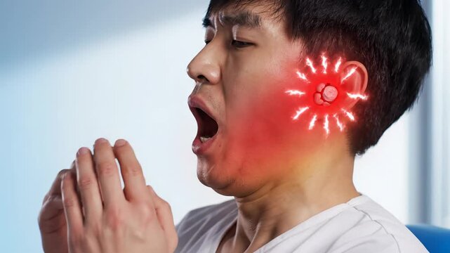 Young Asian man suffering from severe earache and jaw pain highlighting discomfort and medical need.
