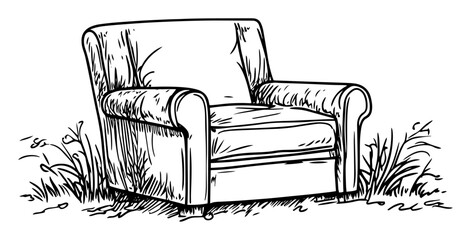 comfy armchair in grass hand drawn vector sketch fine lines in ink engraving style