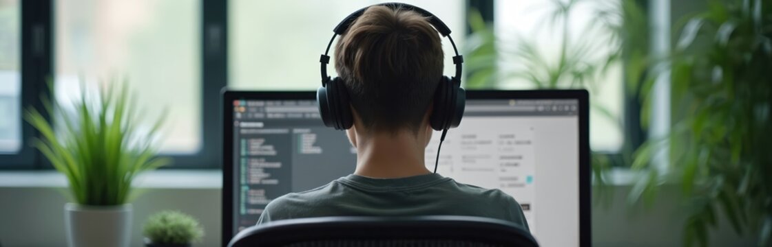 Person with headphones works on computer screen, viewed from back. Modern office desk with green plants offers calm focus and productivity. This tech worker concentrates on tasks at hand. - Powered by Adobe