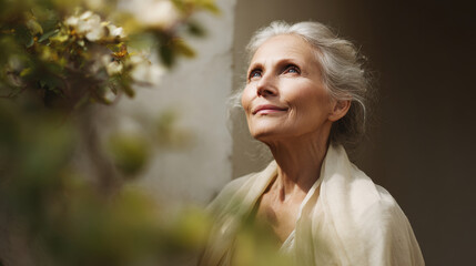 elderly woman gazes upwards her expression filled with joy and relief single tear rolling down her cheek