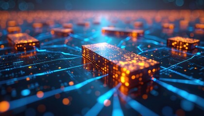Abstract glowing digital circuit board with interconnected nodes. Futuristic technology network with data flow and illuminated pathways. Complex system concept of cyber space.