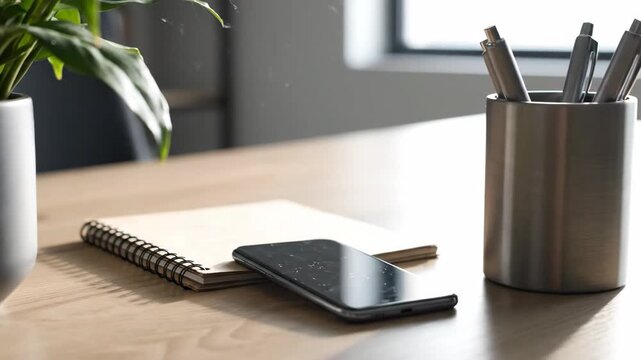 Minimal workspace with notebook and smartphone on desk. Clean composition emphasizes simplicity, organization and modern productivity.