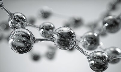 Abstract molecular structure with metallic spheres and connecting bonds, rendered in grey tones