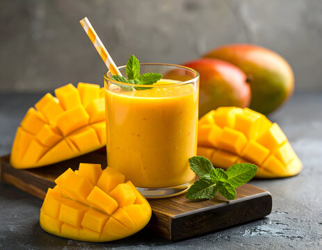 Creamy mango smoothie served with diced tropical fruit on a wooden tray, highlighted by mint leaves and bright color, ideal for summer drink ads, juice bars, and healthy recipes. - Powered by Adobe