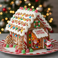 Gingerbread house decorated with candies on a plate with christmas tree