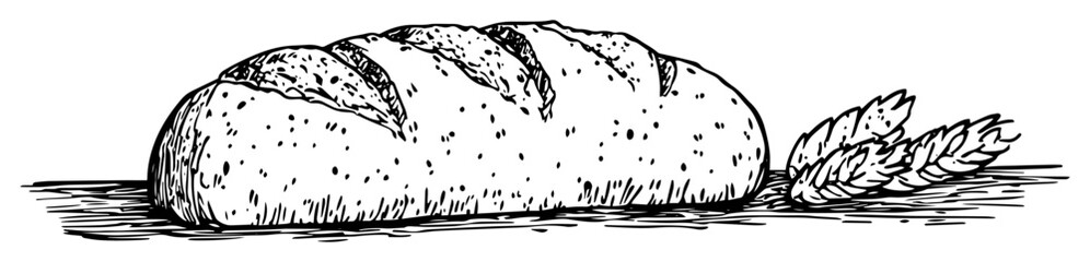 baked bread loaf and wheat hand drawn doodle sketch vector black shape