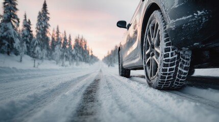 Silver car with winter tire on snow-covered road, sparse forest background