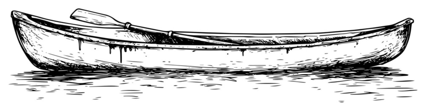 wooden canoe boat on water hand drawn doodle sketch vector black shape