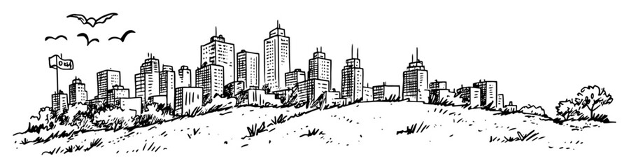 city skyline with skyscrapers hand drawn doodle sketch vector black shape © Kaz