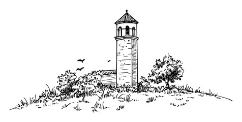old tower building on hill hand drawn doodle sketch vector black shape