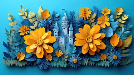 Naklejka premium Whimsical Paper Castle Surrounded by Vibrant Yellow and Blue Floral Paper Art