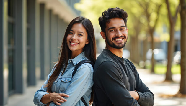 Young hispanic couple smiles posing back to back on college campus. Happy man, woman students stand together with crossed arms. Confident friends look at camera with joyful expression showing