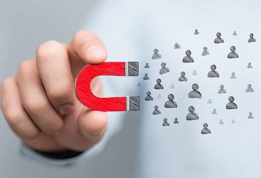 A hand holds a magnet attracting small sketched figures, a metaphor for attracting people