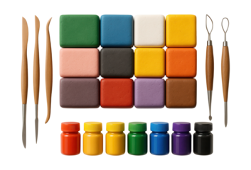 Air-dry clay modeling kits with tools and paint for sculpting in a home setting.