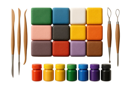 Air-dry clay modeling kits with tools and paint for sculpting in a home setting.