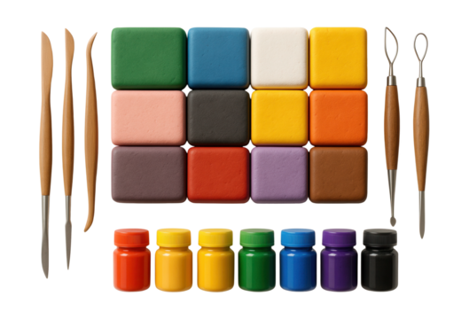 Air-dry clay modeling kits with tools and paint for sculpting in a home setting.