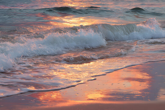 waves lit by soft dawn light with coral and gold highlights creating a tranquil serene beach morning scene - Powered by Adobe