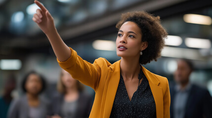 Female leader directing blended team meeting anonymous executive soft diverse group background in person virtual fusion presentation coaching scene technology solution