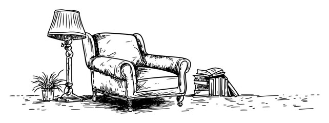 classic armchair with floor lamp hand drawn black and white doodle vector sketch shape