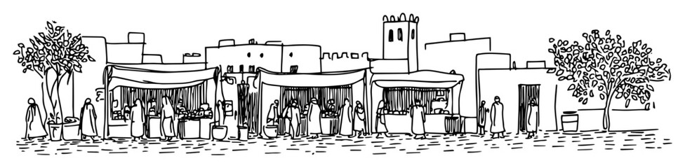 arabic street market scene hand drawn black and white doodle vector sketch shape