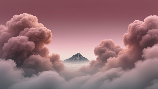 Atmospheric mountain peak rising above soft clouds with dramatic pink storm clouds and gradient sky. Dreamy scenic landscape poster.