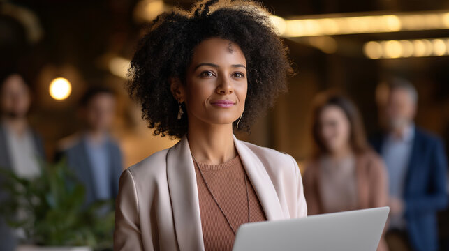 Female leader directing blended team meeting anonymous executive soft diverse group background in person virtual fusion presentation coaching scene technology solution - Powered by Adobe