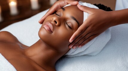 A serene atmosphere surrounds a young woman enjoying a soothing facial treatment. Professional hands gently massage her forehead, promoting relaxation. Soft candlelight enhances the calming vibe