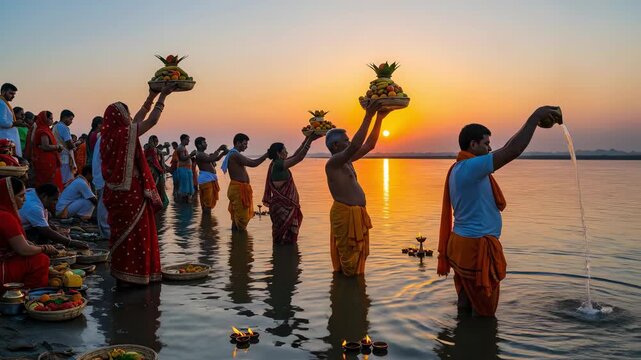 Hindu Rituals at Sunset: Devotees Perform Aarti and Offerings by the Holy River with Colorful Drapes and Brightly Lit Diyas