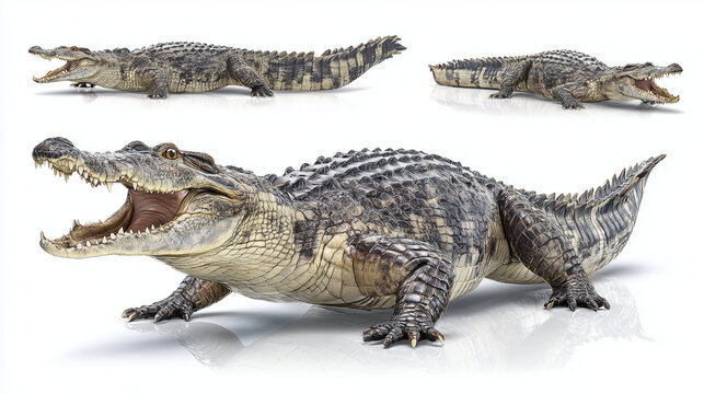 Set of alligator or crocodile poses with open mouth, isolated on white background