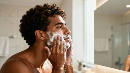 Man enjoying self-care routine at spa while cleansing his face in peaceful environment