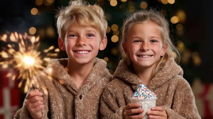 Joyful siblings celebrate holiday with sparklers and hot cocoa under twinkling lights - Powered by Adobe