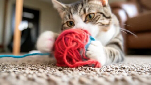 Domestic cat playing with vibrant red and blue yarn ball on soft carpet indoors