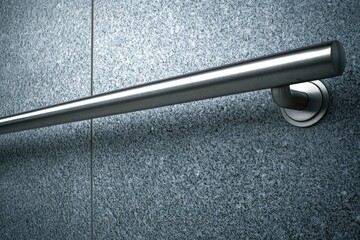 close-up of stainless steel handrail on gray granite wall, modern bathroom design concept