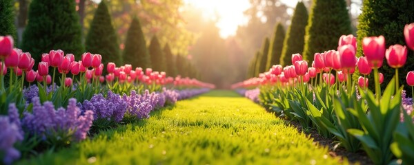 Row of pink tulips and purple hyacinths bloom along green lawn. Evergreen trees flank pathway in sunlit spring garden. Soft light illuminates floral borders and grass.