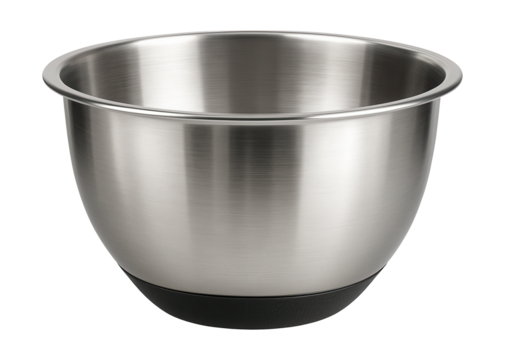 Durable stainless steel bowl with a non-slip base, perfect for mixing dough.