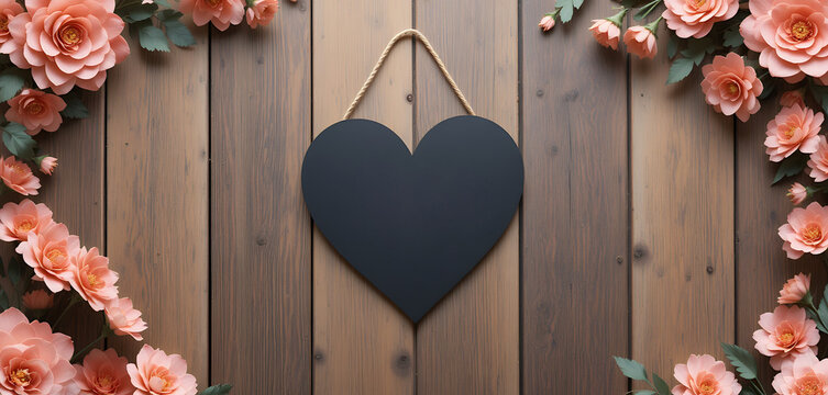 Decorative black heart hanging on wooden planks surrounded by soft pink flowers arranged with