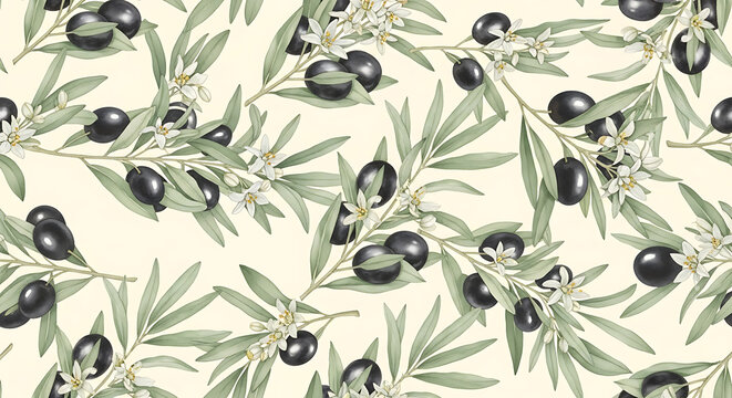 Rustic Mediterranean seamless pattern with sage green olive branches, silver-green leaves, black olives, and white blossoms. Watercolor botanical illustration on cream