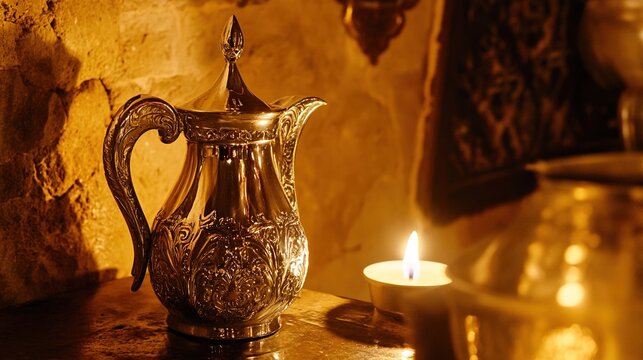 pyx. Golden pyx on church altar illuminated by warm candlelight, shallow depth of field. event programs, museum guides, designed for cultural heritage projects and event programs.