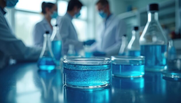 Scientists in lab coats work with blue liquid in beakers and petri dishes. Medical professionals conduct research, analyze samples, and develop new cures for diseases in a sterile research setting. - Powered by Adobe