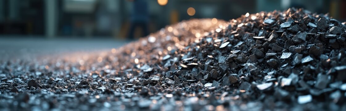 Heap of metal shavings on factory floor. Industrial background with steel scrap texture from machine processing. Shiny metallic waste chips from milling, panoramic view of iron swarf. Metallurgy,